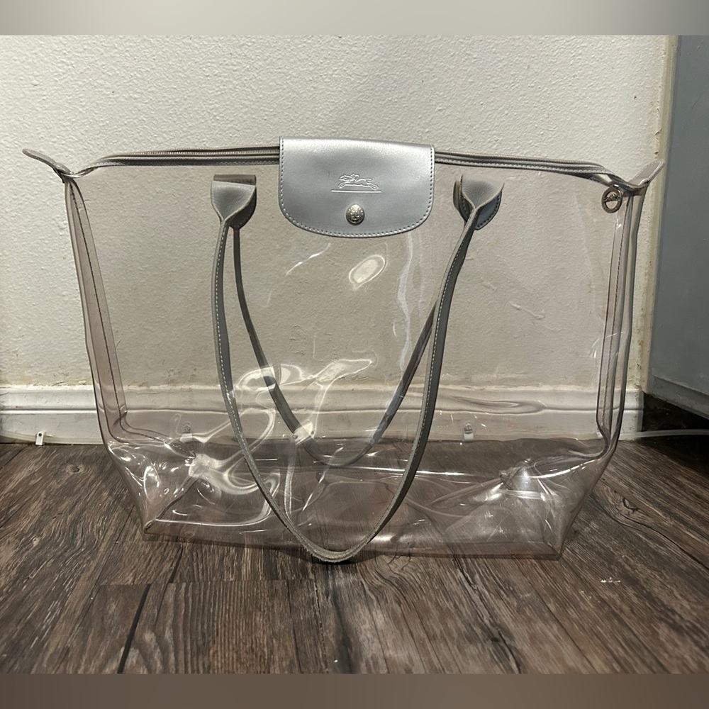 LONGCHAMP RARE Le Pliage Transparent Vinyl XL Tote Bag Silver Leather Ltd Ed. - Picture 3 of 16